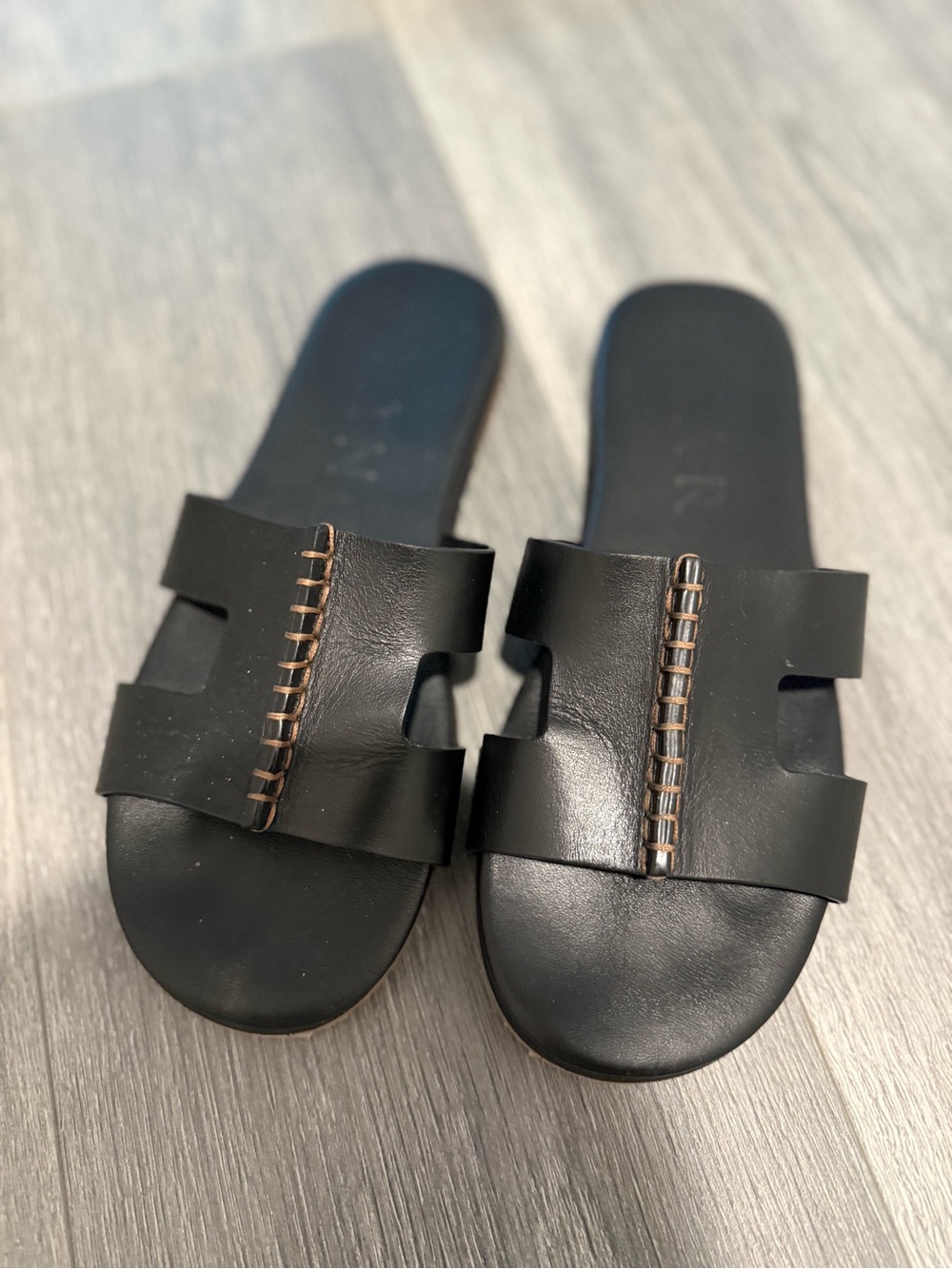 Dear Frances Black Leather Slide Sandals with Contrast Stitch Detail